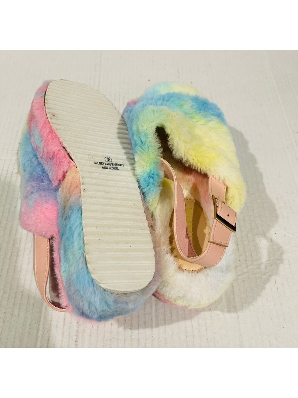 Women’s Liliana Tie Dye Open Toe Fuzzy Slingback Platform Sandals Size 9 US! - Picture 6 of 8